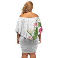Hawaii Tropical Flowers Off Shoulder Short Dress Polynesian Tattoo White