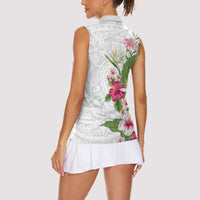 Hawaii Tropical Flowers Women Sleeveless Polo Shirt Polynesian Tattoo White