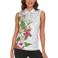 Hawaii Tropical Flowers Women Sleeveless Polo Shirt Polynesian Tattoo White