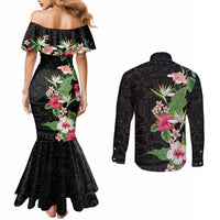 Hawaii Tropical Flowers Couples Matching Mermaid Dress and Long Sleeve Button Shirt Polynesian Tattoo Black