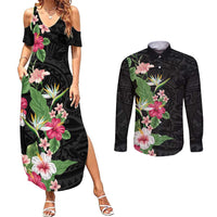 Hawaii Tropical Flowers Couples Matching Summer Maxi Dress and Long Sleeve Button Shirt Polynesian Tattoo Black LT05 Black - Polynesian Pride