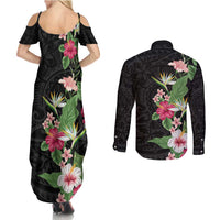 Hawaii Tropical Flowers Couples Matching Summer Maxi Dress and Long Sleeve Button Shirt Polynesian Tattoo Black LT05 - Polynesian Pride