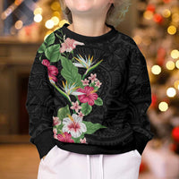 Hawaii Tropical Flowers Kid Ugly Christmas Sweater Polynesian Tattoo Black