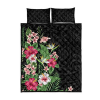 Hawaii Tropical Flowers Quilt Bed Set Polynesian Tattoo Black