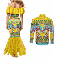 Hawaii Christmas Couples Matching Mermaid Dress and Long Sleeve Button Shirt Mele Kalikimaka Tropical Vibes - Polynesian Pride