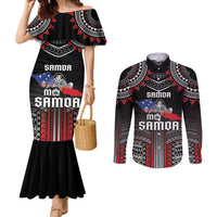 Personalised Samoa Black Saturday Couples Matching Mermaid Dress and Long Sleeve Button Shirt Samoan Warrior Tribal Pattern LT05 Black - Polynesian Pride