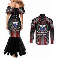 Personalised Samoa Black Saturday Couples Matching Mermaid Dress and Long Sleeve Button Shirt Samoan Warrior Tribal Pattern LT05 - Polynesian Pride