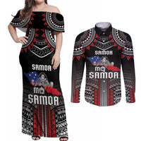 Personalised Samoa Black Saturday Couples Matching Off Shoulder Maxi Dress and Long Sleeve Button Shirt Samoan Warrior Tribal Pattern LT05 Black - Polynesian Pride