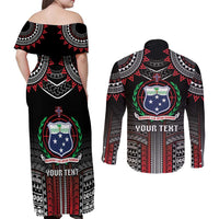 Personalised Samoa Black Saturday Couples Matching Off Shoulder Maxi Dress and Long Sleeve Button Shirt Samoan Warrior Tribal Pattern LT05 - Polynesian Pride