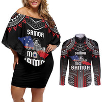 Personalised Samoa Black Saturday Couples Matching Off Shoulder Short Dress and Long Sleeve Button Shirt Samoan Warrior Tribal Pattern LT05 Black - Polynesian Pride