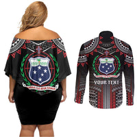 Personalised Samoa Black Saturday Couples Matching Off Shoulder Short Dress and Long Sleeve Button Shirt Samoan Warrior Tribal Pattern LT05 - Polynesian Pride