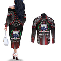 Personalised Samoa Black Saturday Couples Matching Off The Shoulder Long Sleeve Dress and Long Sleeve Button Shirt Samoan Warrior Tribal Pattern LT05 - Polynesian Pride