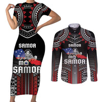 Personalised Samoa Black Saturday Couples Matching Short Sleeve Bodycon Dress and Long Sleeve Button Shirt Samoan Warrior Tribal Pattern LT05 Black - Polynesian Pride
