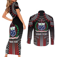 Personalised Samoa Black Saturday Couples Matching Short Sleeve Bodycon Dress and Long Sleeve Button Shirt Samoan Warrior Tribal Pattern LT05 - Polynesian Pride