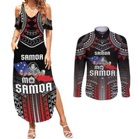 Personalised Samoa Black Saturday Couples Matching Summer Maxi Dress and Long Sleeve Button Shirt Samoan Warrior Tribal Pattern LT05 Black - Polynesian Pride
