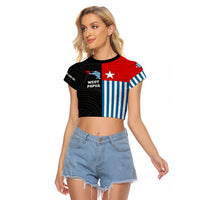 Personalised West Papua Raglan Cropped T Shirt Polynesian Pattern With Coat Of Arms LT05 Female Blue - Polynesian Pride