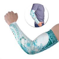Samoa Siapo Pattern With Teal Hibiscus Arm Sleeves LT05 Set of 2 Teal - Polynesian Pride