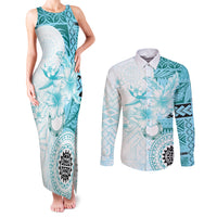 Samoa Siapo Pattern With Teal Hibiscus Couples Matching Tank Maxi Dress and Long Sleeve Button Shirt LT05 Teal - Polynesian Pride