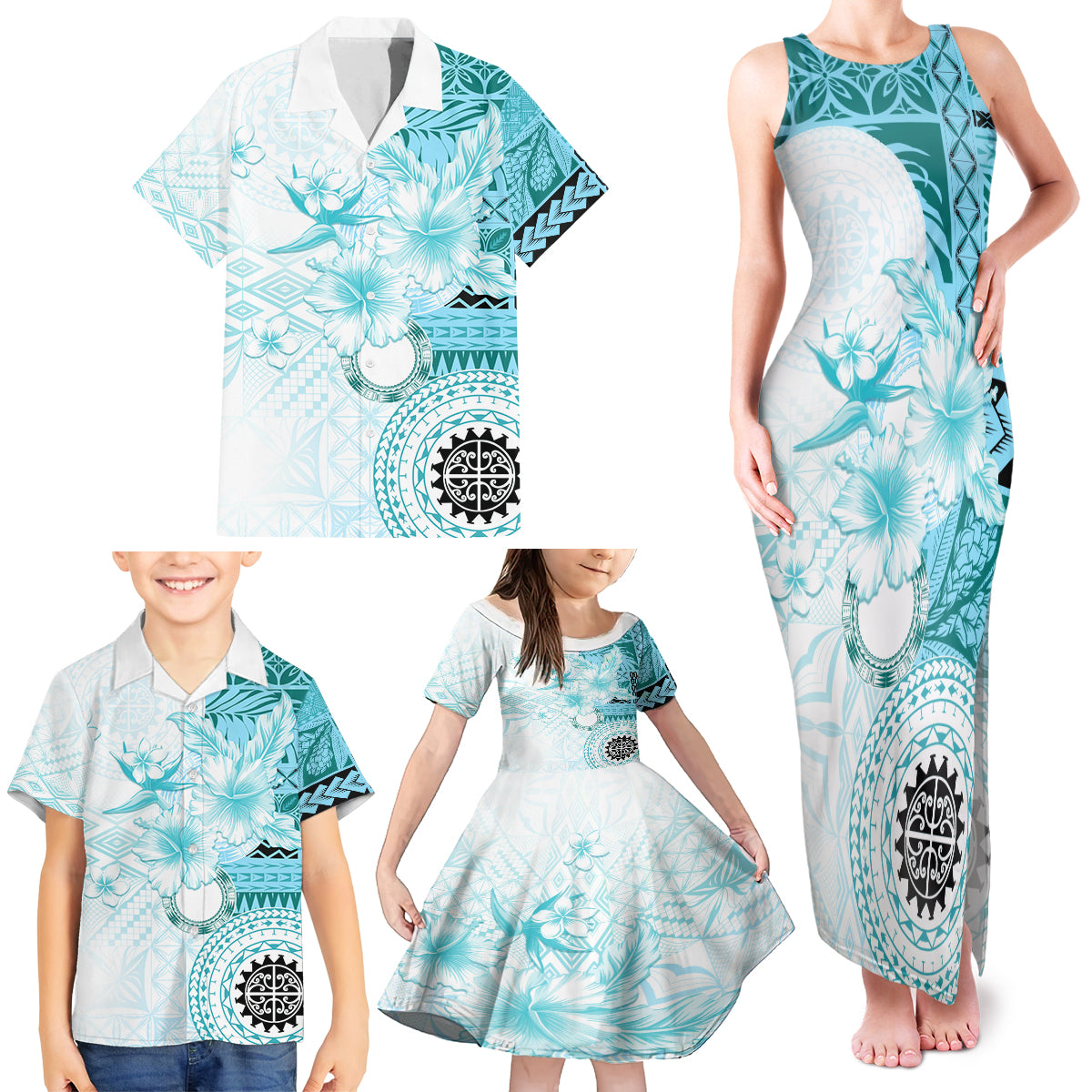 Samoa Siapo Pattern With Teal Hibiscus Family Matching Tank Maxi Dress and Hawaiian Shirt LT05 - Polynesian Pride