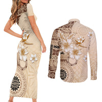 Samoa Siapo Pattern With Beige Hibiscus Couples Matching Short Sleeve Bodycon Dress and Long Sleeve Button Shirt LT05 - Polynesian Pride