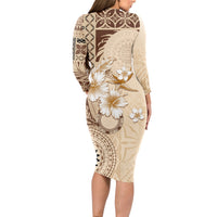 Samoa Siapo Pattern With Beige Hibiscus Long Sleeve Bodycon Dress LT05 - Polynesian Pride