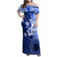 Samoa Siapo Pattern With Navy Hibiscus Family Matching Off Shoulder Maxi Dress and Hawaiian Shirt LT05 Mom's Dress Navy - Polynesian Pride