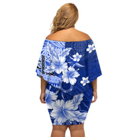 Samoa Siapo Pattern With Navy Hibiscus Family Matching Off Shoulder Short Dress and Hawaiian Shirt LT05 - Polynesian Pride