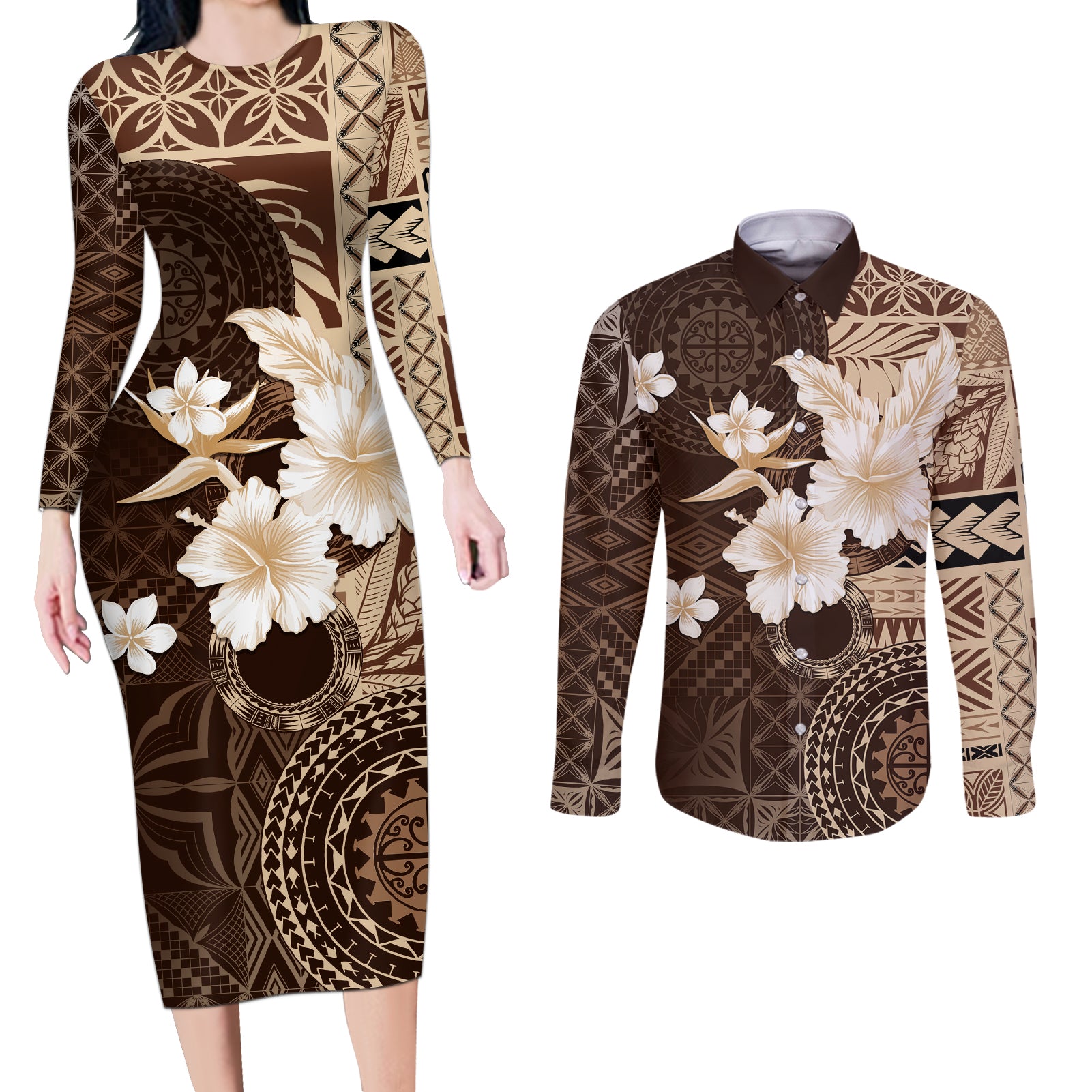 Samoa Siapo Pattern With Brown Hibiscus Couples Matching Long Sleeve Bodycon Dress and Long Sleeve Button Shirt LT05 Brown - Polynesian Pride