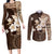Samoa Siapo Pattern With Brown Hibiscus Couples Matching Long Sleeve Bodycon Dress and Long Sleeve Button Shirt LT05 Brown - Polynesian Pride