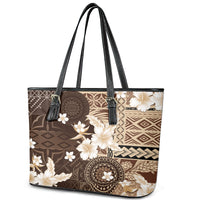 Samoa Siapo Pattern With Brown Hibiscus Leather Tote Bag LT05 - Polynesian Pride