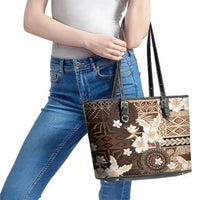 Samoa Siapo Pattern With Brown Hibiscus Leather Tote Bag LT05 - Polynesian Pride