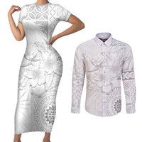 Samoa Siapo Pattern With White Hibiscus Couples Matching Short Sleeve Bodycon Dress and Button Shirt - LT05 White - Polynesian Pride