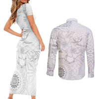 Samoa Siapo Pattern With White Hibiscus Couples Matching Short Sleeve Bodycon Dress and Button Shirt - LT05 - Polynesian Pride