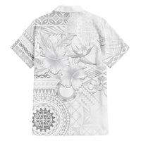Samoa Siapo Pattern With White Hibiscus Family Matching Off Shoulder Long Sleeve Dress and Hawaiian Shirt LT05 - Polynesian Pride