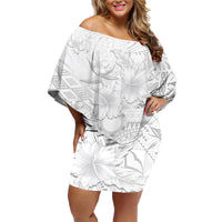 Samoa Siapo Pattern With White Hibiscus Family Matching Off Shoulder Short Dress and Hawaiian Shirt LT05 Mom's Dress White - Polynesian Pride