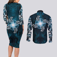 New Zealand Matariki Waita Couples Matching Long Sleeve Bodycon Dress and Long Sleeve Button Shirt Maori Moko Dark Blue Galaxy