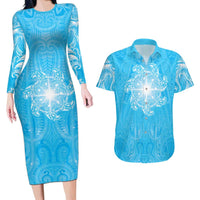 New Zealand Matariki Waiti Couples Matching Long Sleeve Bodycon Dress and Hawaiian Shirt Maori Moko Cyan Galaxy