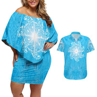 New Zealand Matariki Waiti Couples Matching Off Shoulder Short Dress and Hawaiian Shirt Maori Moko Cyan Galaxy