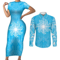 New Zealand Matariki Waiti Couples Matching Short Sleeve Bodycon Dress and Long Sleeve Button Shirt Maori Moko Cyan Galaxy