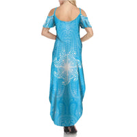 New Zealand Matariki Waiti Family Matching Summer Maxi Dress and Hawaiian Shirt Maori Moko Cyan Galaxy