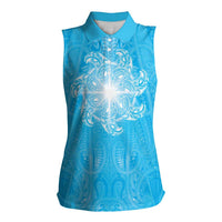 New Zealand Matariki Waiti Women Sleeveless Polo Shirt Maori Moko Cyan Galaxy