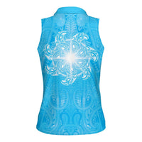 New Zealand Matariki Waiti Women Sleeveless Polo Shirt Maori Moko Cyan Galaxy
