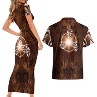 New Zealand Matariki Tupuanuku Couples Matching Short Sleeve Bodycon Dress and Hawaiian Shirt Maori Moko Brown Galaxy
