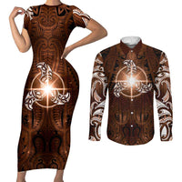 New Zealand Matariki Tupuanuku Couples Matching Short Sleeve Bodycon Dress and Long Sleeve Button Shirt Maori Moko Brown Galaxy