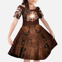 New Zealand Matariki Tupuanuku Family Matching Off Shoulder Short Dress and Hawaiian Shirt Maori Moko Brown Galaxy