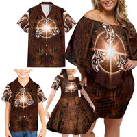 New Zealand Matariki Tupuanuku Family Matching Off Shoulder Short Dress and Hawaiian Shirt Maori Moko Brown Galaxy