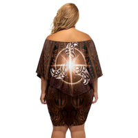 New Zealand Matariki Tupuanuku Off Shoulder Short Dress Maori Moko Brown Galaxy