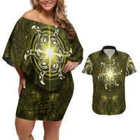 New Zealand Matariki Hiwaiterangi Couples Matching Off Shoulder Short Dress and Hawaiian Shirt Maori Moko Yellow Galaxy