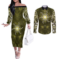New Zealand Matariki Hiwaiterangi Couples Matching Off The Shoulder Long Sleeve Dress and Long Sleeve Button Shirt Maori Moko Yellow Galaxy