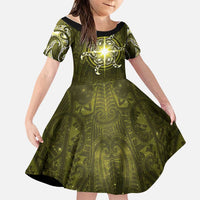New Zealand Matariki Hiwaiterangi Family Matching Off Shoulder Maxi Dress and Hawaiian Shirt Maori Moko Yellow Galaxy LT05 Daughter's Dress Yellow - Polynesian Pride